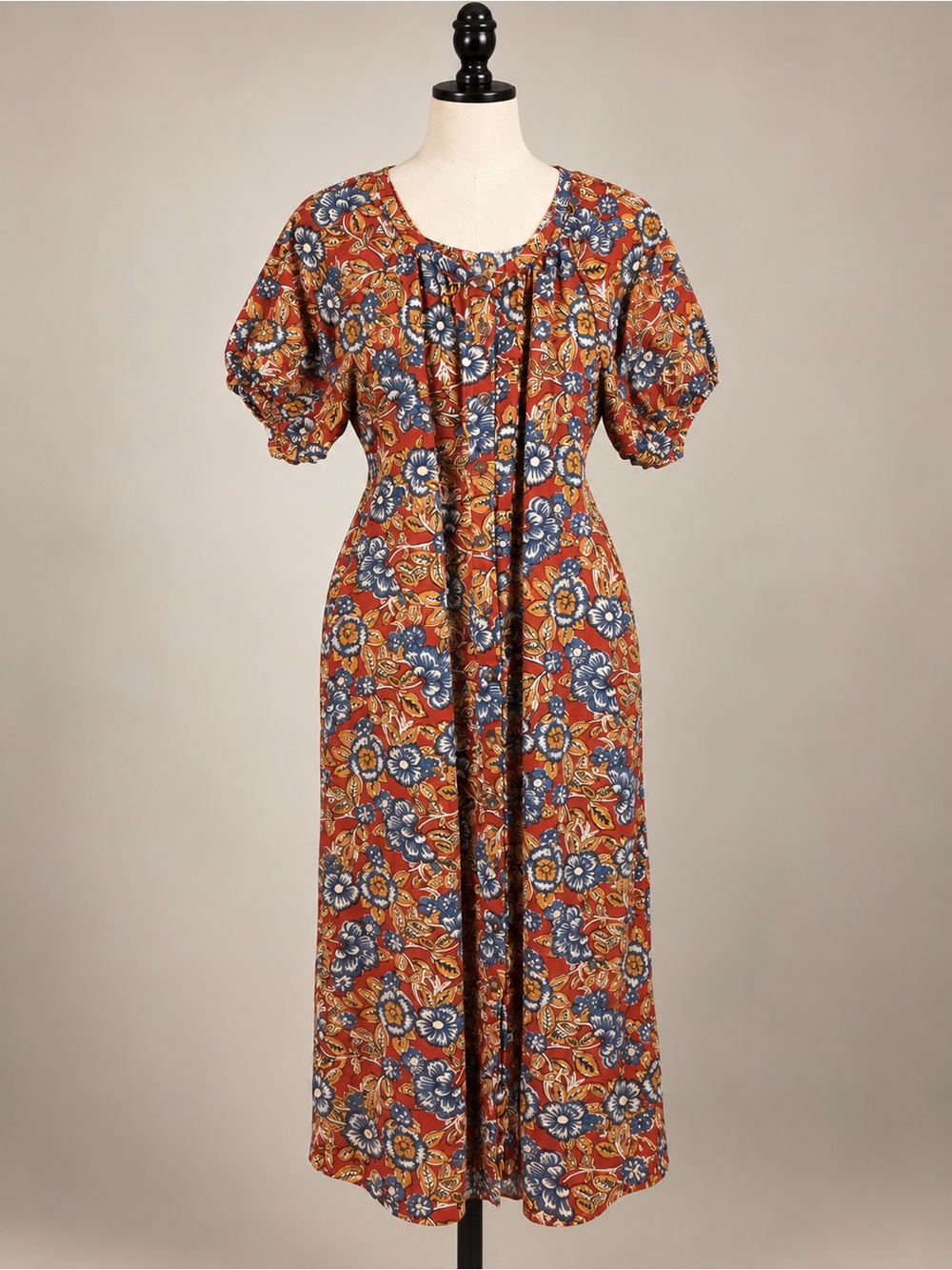 Faherty Floral Linen Blend Midi Dress Medium Puff Sleeve Pockets